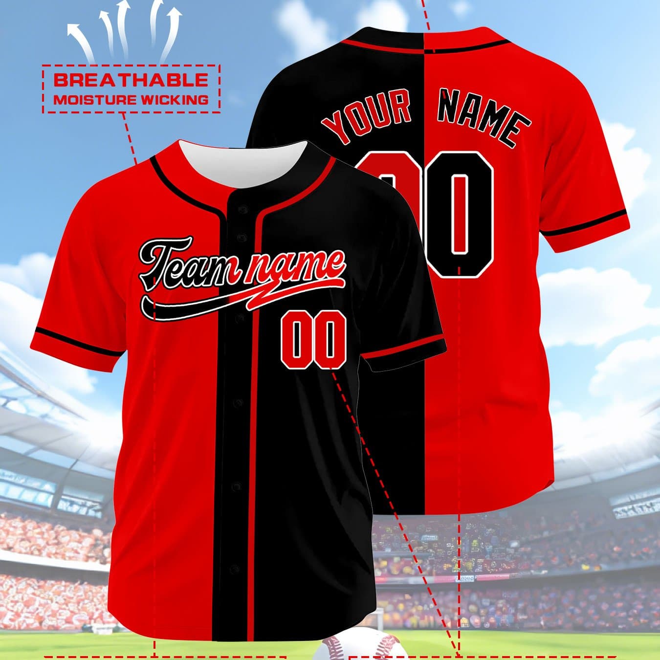 TEMU Men's Baseball Jersey | Custom Name & Number, , Red And Black Color Block, V-neck, Slight Stretch Fabric, Perfect For Sports And Casual Wear