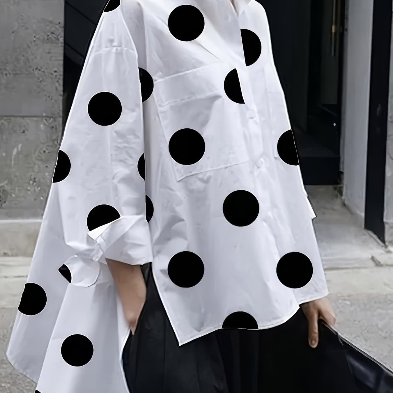 TEMU Plus Size, Casual High-low Polka Dot Slit Side Turn- Collar Long Sleeve Shirt