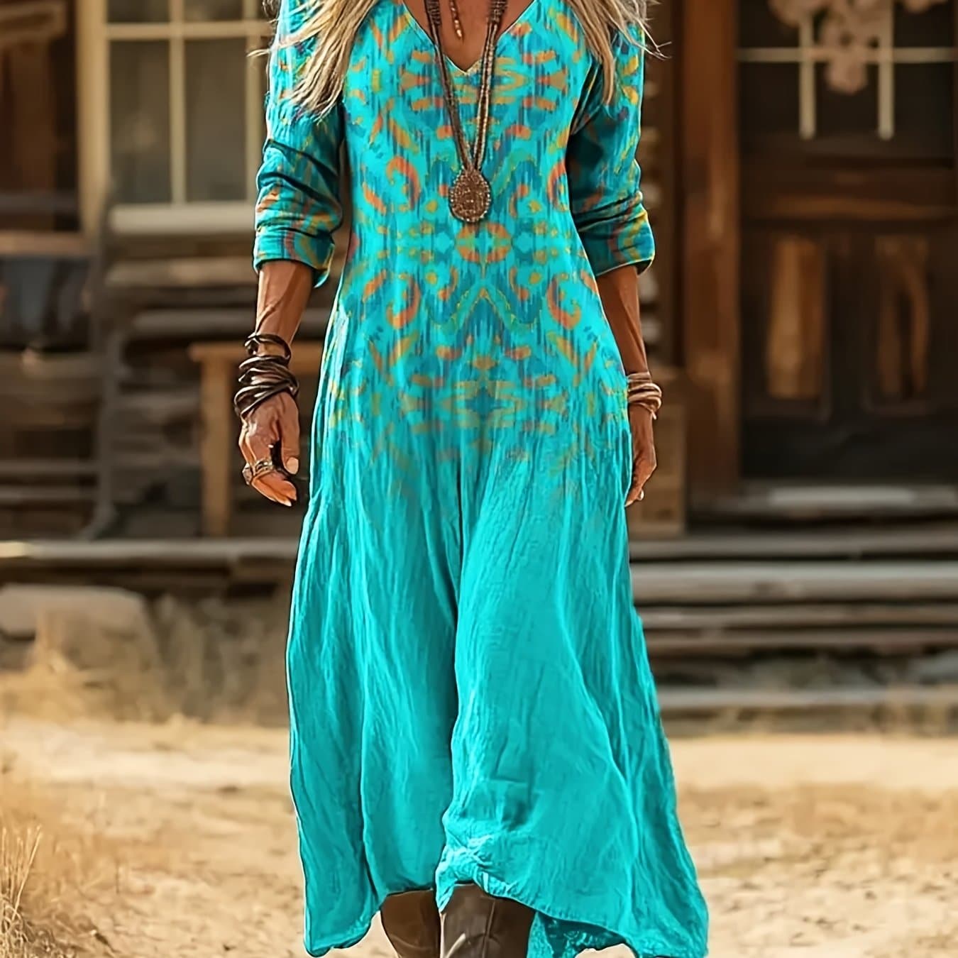 TEMU Women's Retro Ethnic Print Long-sleeve V-neck Dress, Casual Dress, Multi-colored Pattern, Suitable For All From Casual To Semi-formal Wear, Soft Fabric