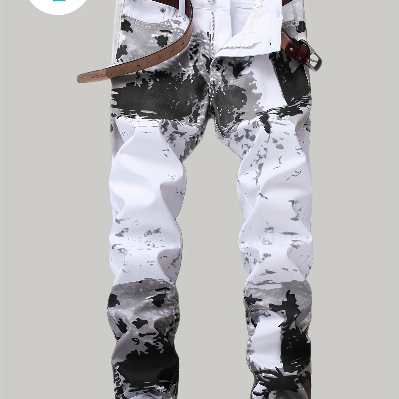 TEMU Slim Fit Jeans For Men, Fashion Straight Black And Gray Printed Denim Pants Casual Soft Breathable Men's Clothing White Trousers Streetwear