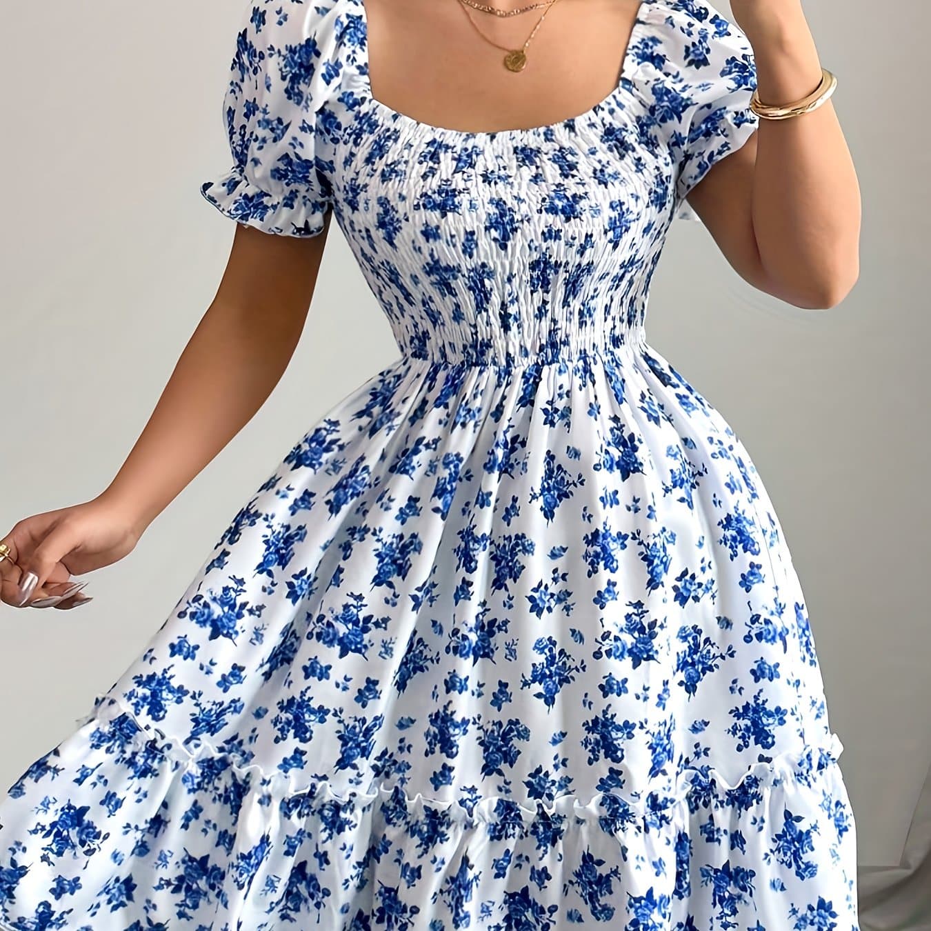 TEMU Women's Floral Print Mini Dress - Elegant Floral Party & Everyday Outfit, Flared Hem, Square Neckline, Lightweight Summer Dress For Women, Cute Dresses