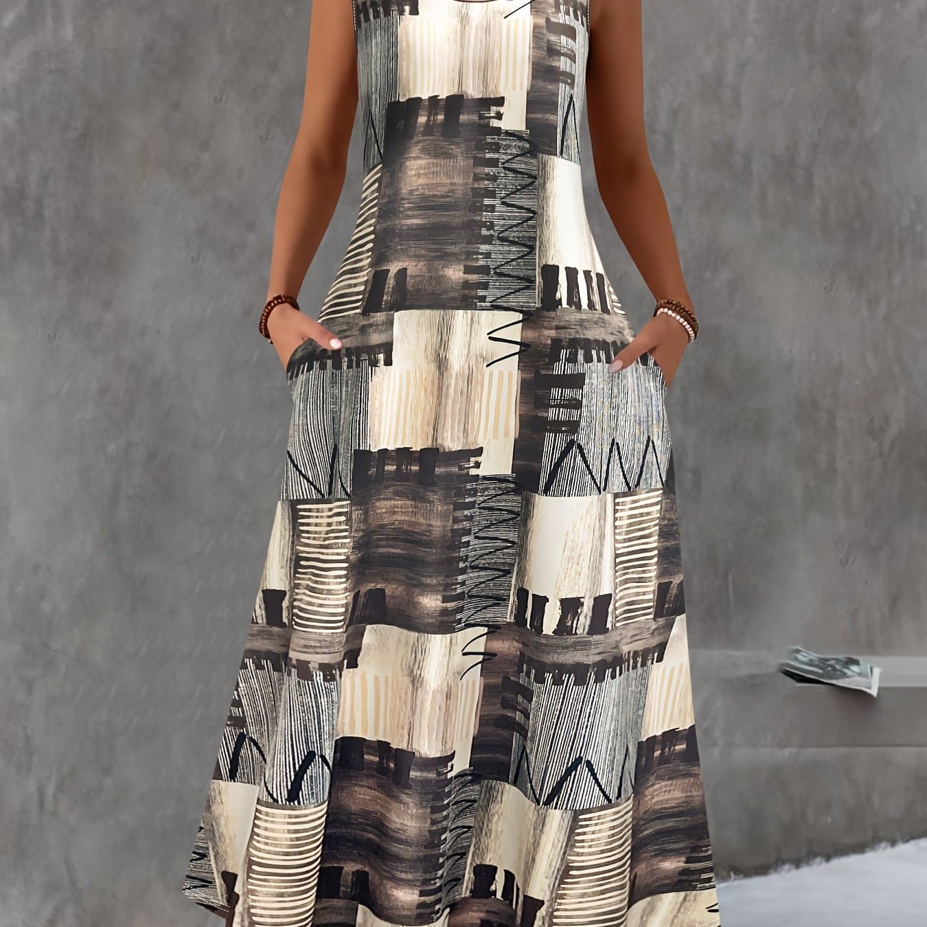 TEMU Summer Women's -block Printed Sleeveless Vest Dress Round Neck Pocket Casual Dress Women's Clothing