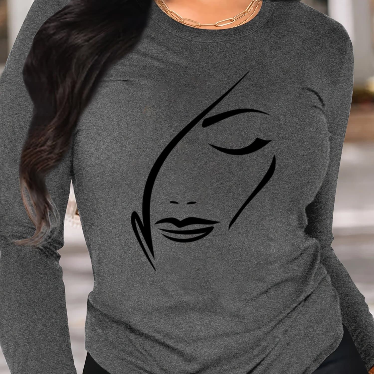 TEMU Trendy Long-sleeve Top Featuring A Female , Perfect For All With A Cozy Fabric