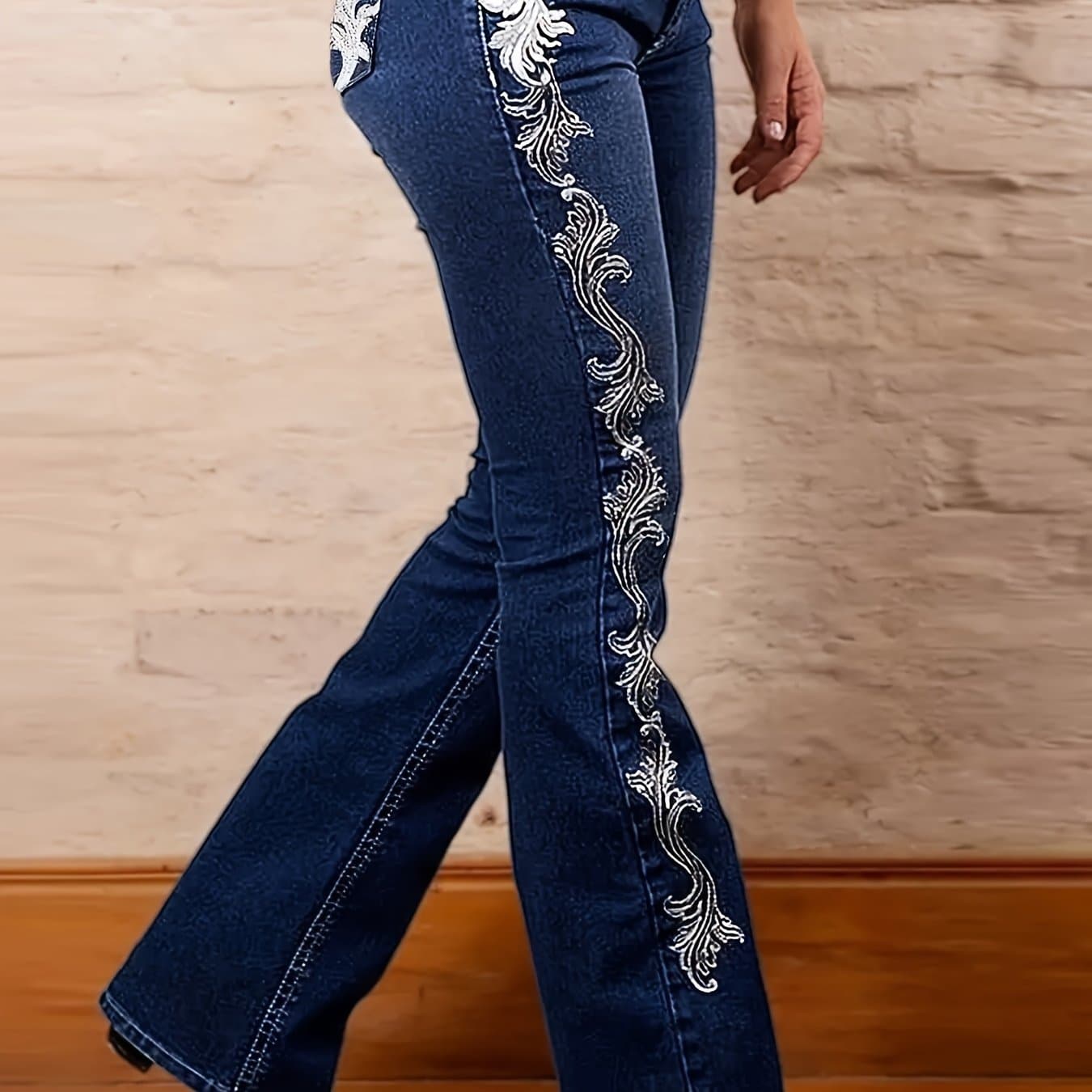 TEMU Dark Blue Denim Boot Cut Jeans For Women Featuring Printed Side Designs