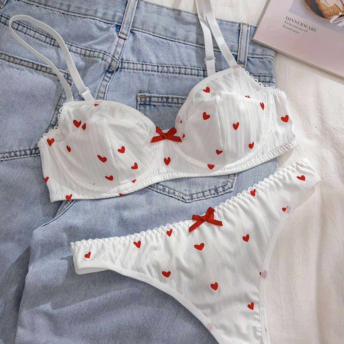 TEMU Women's Love Print Bow Bra Set