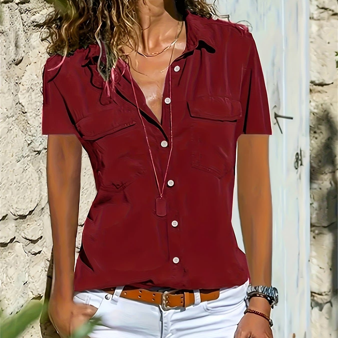 TEMU Women's Short-sleeve Work Shirt With Chest Pockets - Lightweight Summer Button-up, Classic Collar & Machine Washable For Casual & Professional Wear, Business Casual Top, No Stretch Material