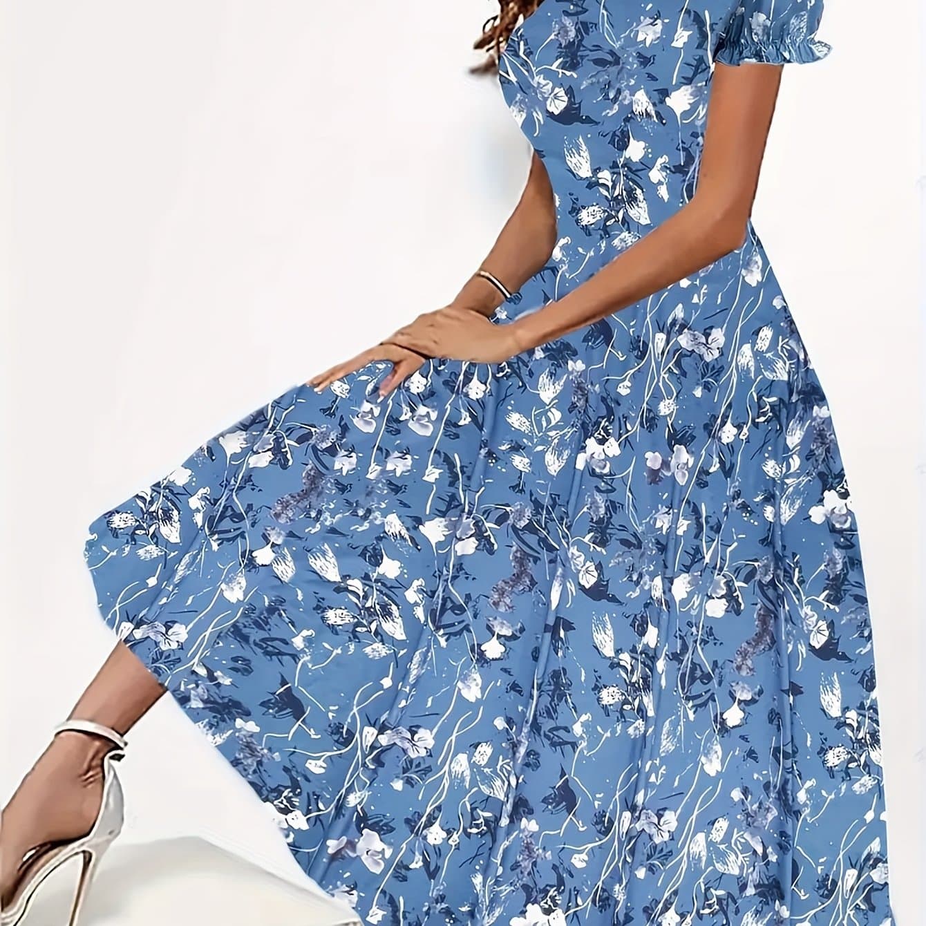 TEMU Floral Print Round Neck Dress, Elegant Short Sleeve Dress, Spring Summer, Women's Clothing