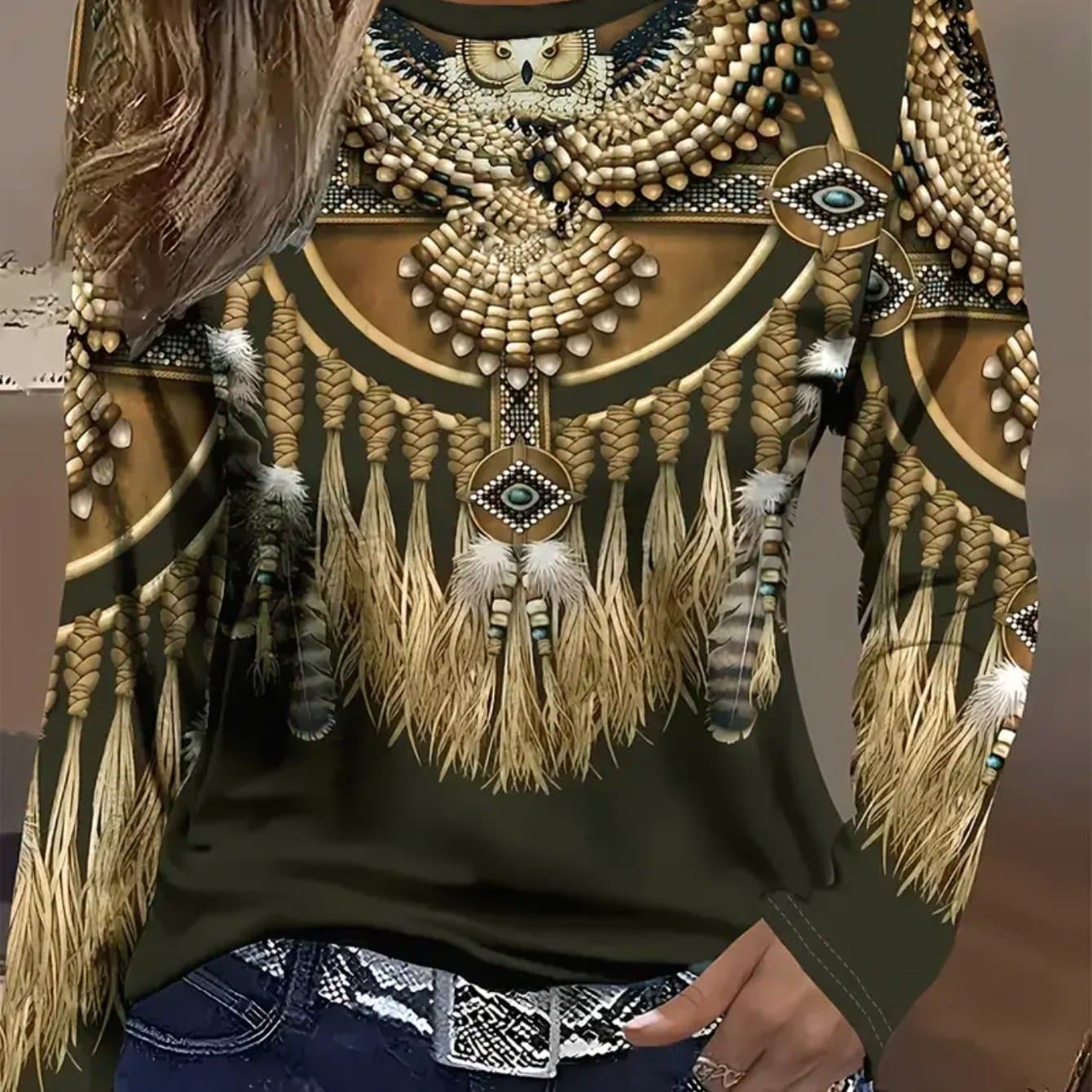 TEMU 3d Elegant Ethnic Print Women's Slogan Print Long Sleeve Casual T-shirt - Soft Medium Stretch Fabric, Round Neck, Relaxed Fit, Comfortable Wear - Perfect For Daily Life, Work, Or Leisure