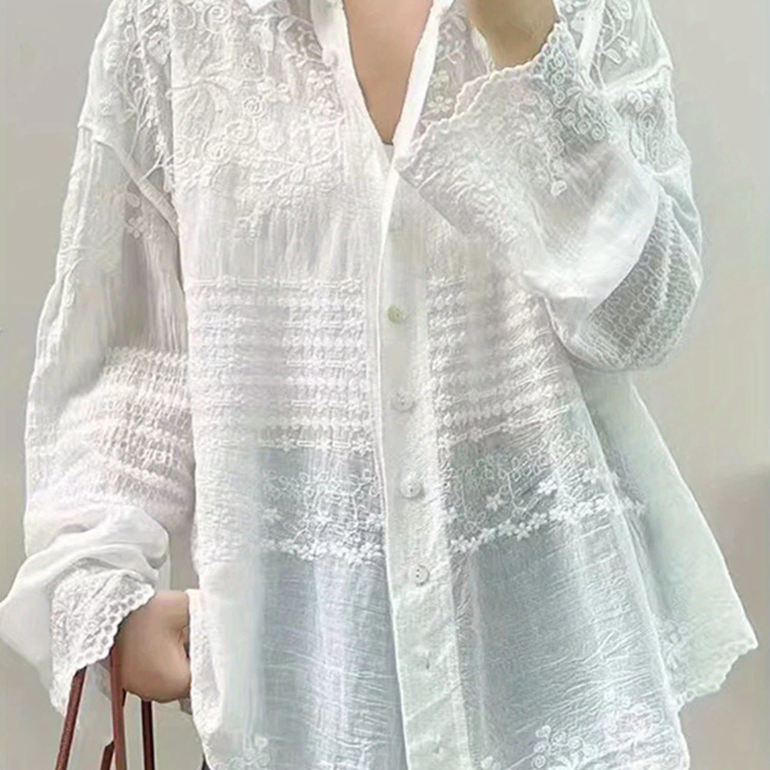 TEMU Women' Color Loose Half Through Hook Flower Cardigan Lapel Shirt Long Sleeve Front Button Lace Sunscreen Casual Shirt