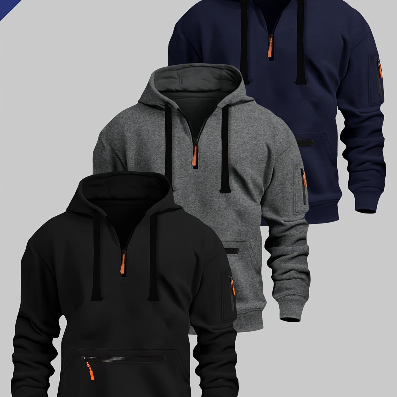 TEMU Plus-size Men's Half-zip Mixed Hoodie, Versatile Pullover With Multiple Pockets, Sold In A Set Of Three, Plus Size