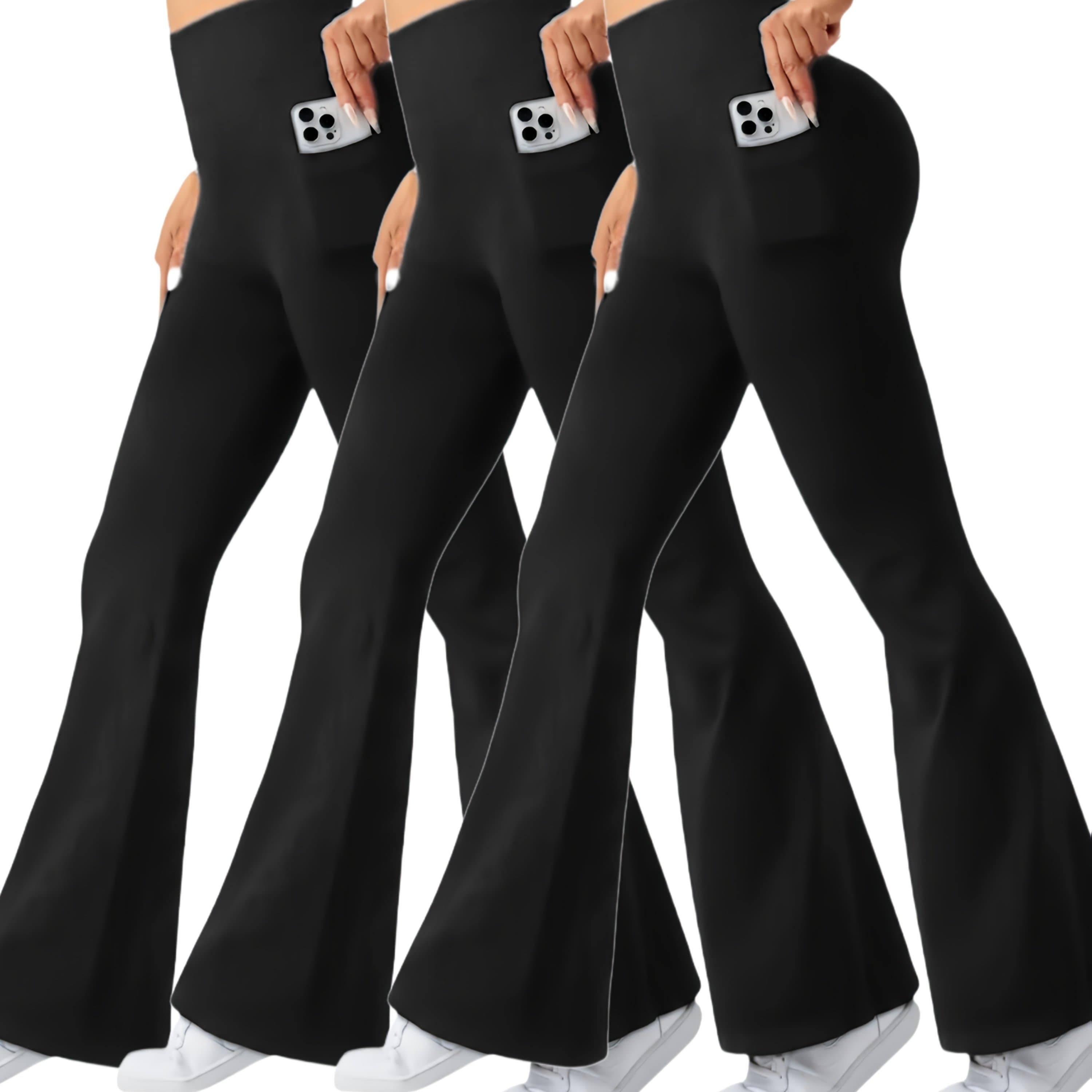 TEMU High-waist 3pcs Women's Flare Leggings With Side Pockets - Tummy Control, Stretchy Bootcut Pants For & Casual Wear - , , Style, Occasion