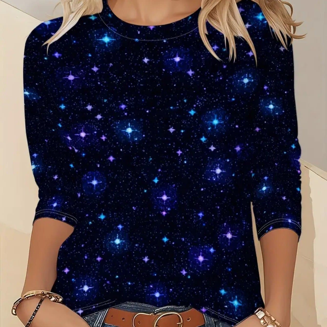 TEMU Ladies' 3d Sparkly For Galaxy Graphic Tee - Comfortable Long Sleeve Crew Neck Casual Top For Wardrobe (machine Washable) - Themed Event Clothing, Seasonal Style