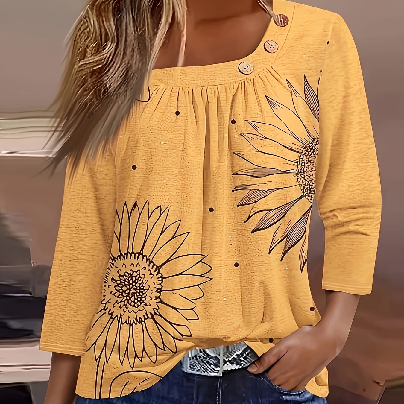 TEMU Plus Size - Plus Size - Comfortable Apparel] Mustard Yellow Sunflower T-shirt For Women - Cozy, Round Neck With Decorative Buttons, Long Sleeves, Perfect For Fall/winter