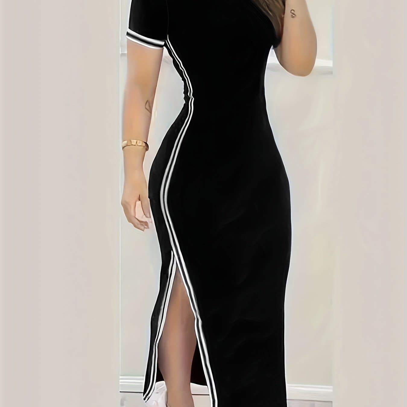 TEMU Elegant Navy Blue Bodycon Side-slit Dress, Short Sleeve Round Neck High-low Hem, Stretch Women's Casual Formal Wear, Versatile Fashion, High-low Hem, Stretch Fabric