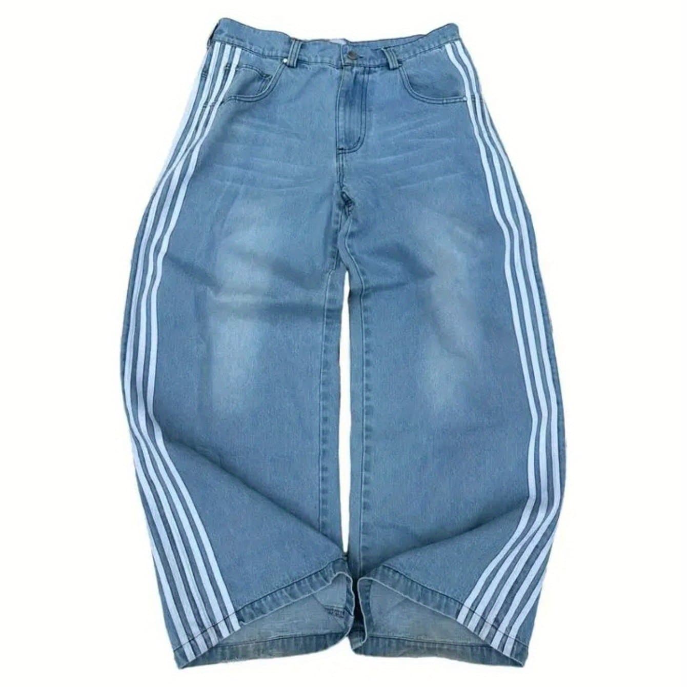 TEMU Men's Y2k Korean Fashion High Waisted Baggy Jeans - Distressed Washed Blue Straight Pants With Loose Fit, Streetwear Style Trousers For Casual Wear (machine Washable)