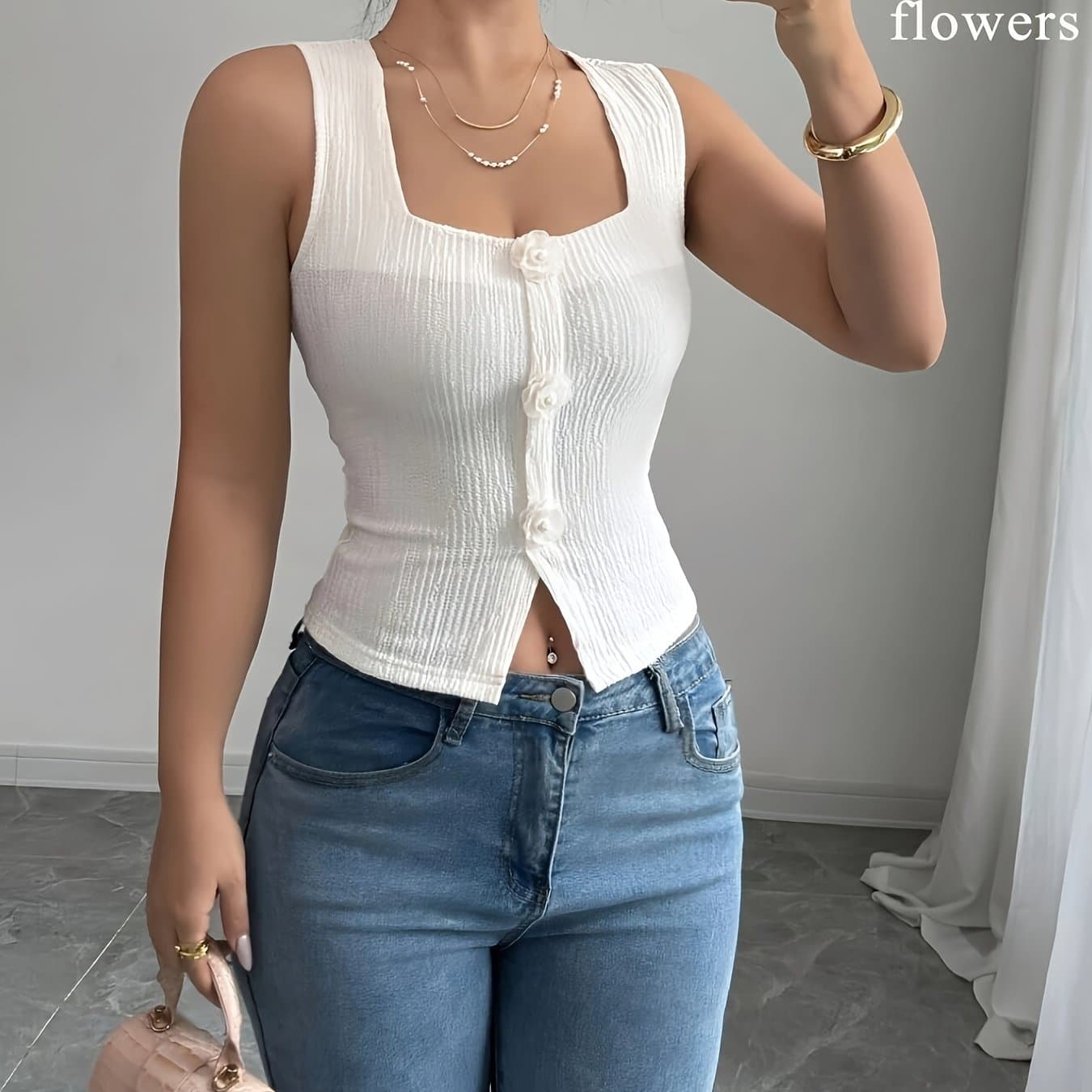 TEMU Summer Women's Stylish French 3d Floral Short Top, Wide Straps, Square Neckline, Short Fitted Tank, Suitable For Wearing Outside