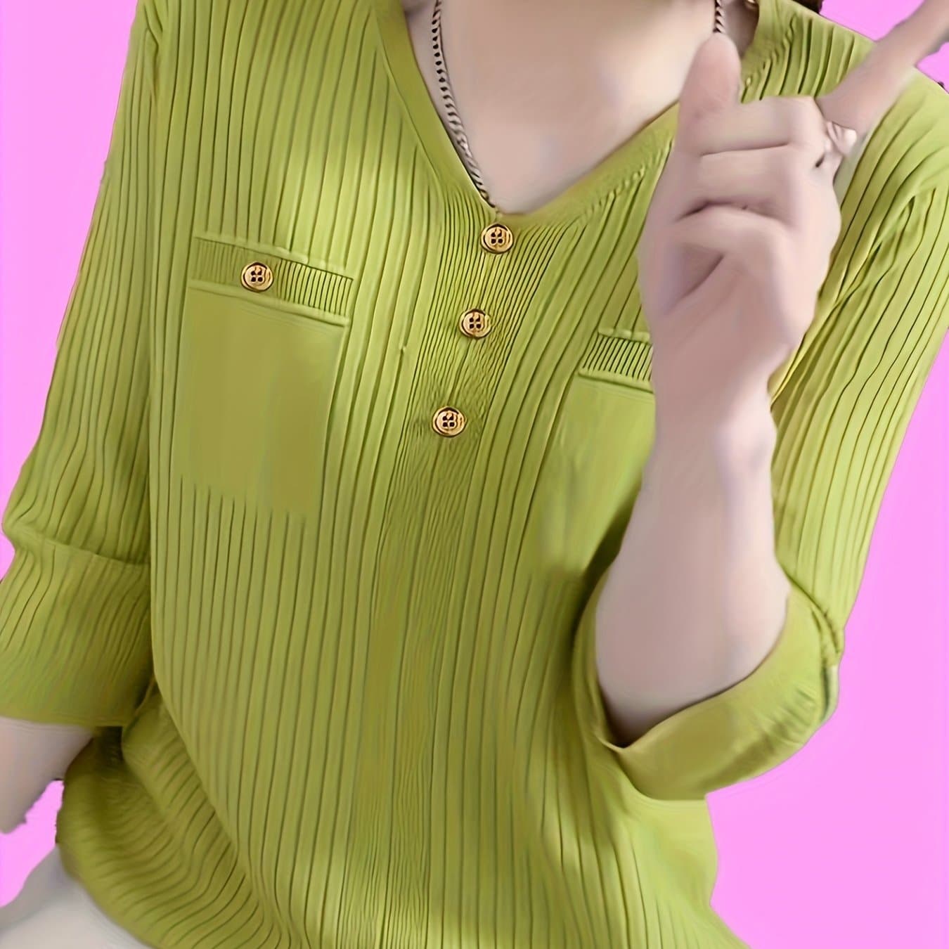 TEMU New Versatile Short-sleeved Top Loose V-neck Fabric 7/4 Sleeve Fashion