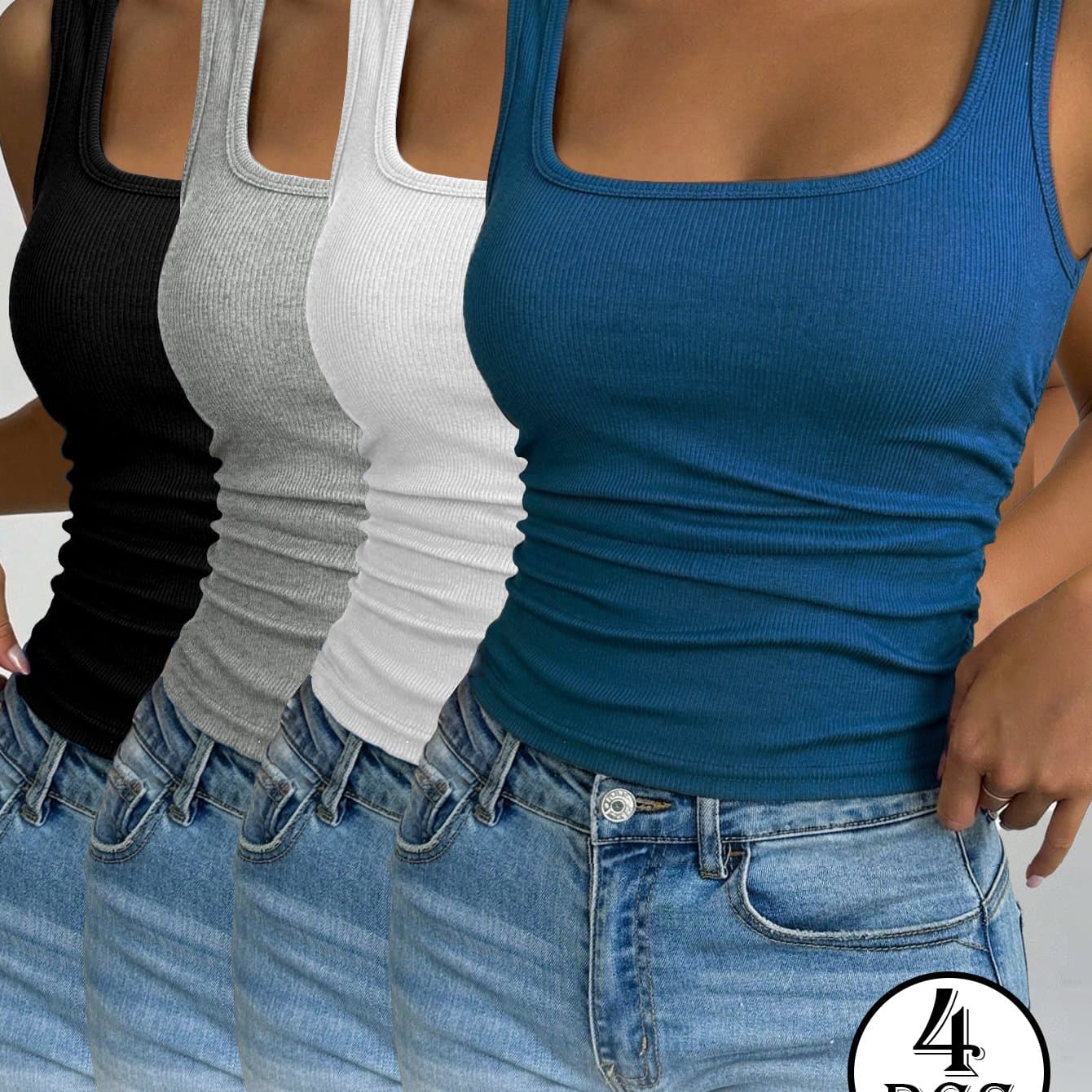 TEMU A Set Of 4 Ribbed High- Camisoles With A Sexy Design, Breathable And Comfortable, Suitable For Layering And Wearing Alone, And Summer Styles That In All