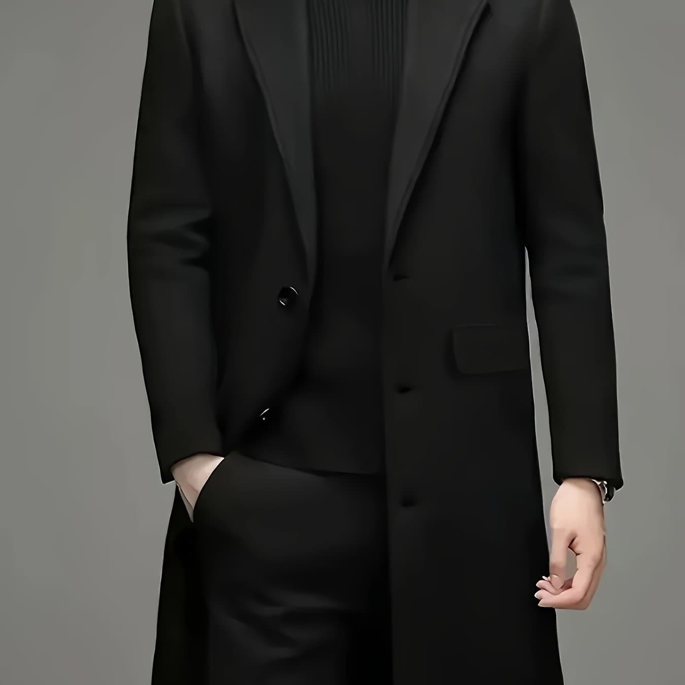 TEMU Young And Middle-aged Men's Coat Trench Coat Business Casual Men's Turn- Collar High-end Coat Black Mid-length Men's Coat Suitable For Autumn And Winter And Business Activities