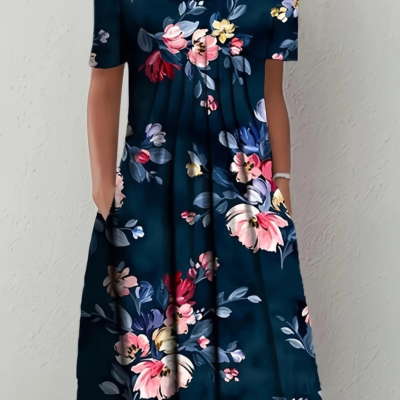 TEMU Spring/summer Printed Short Sleeve Pleated Dress Elegant Women's Wear
