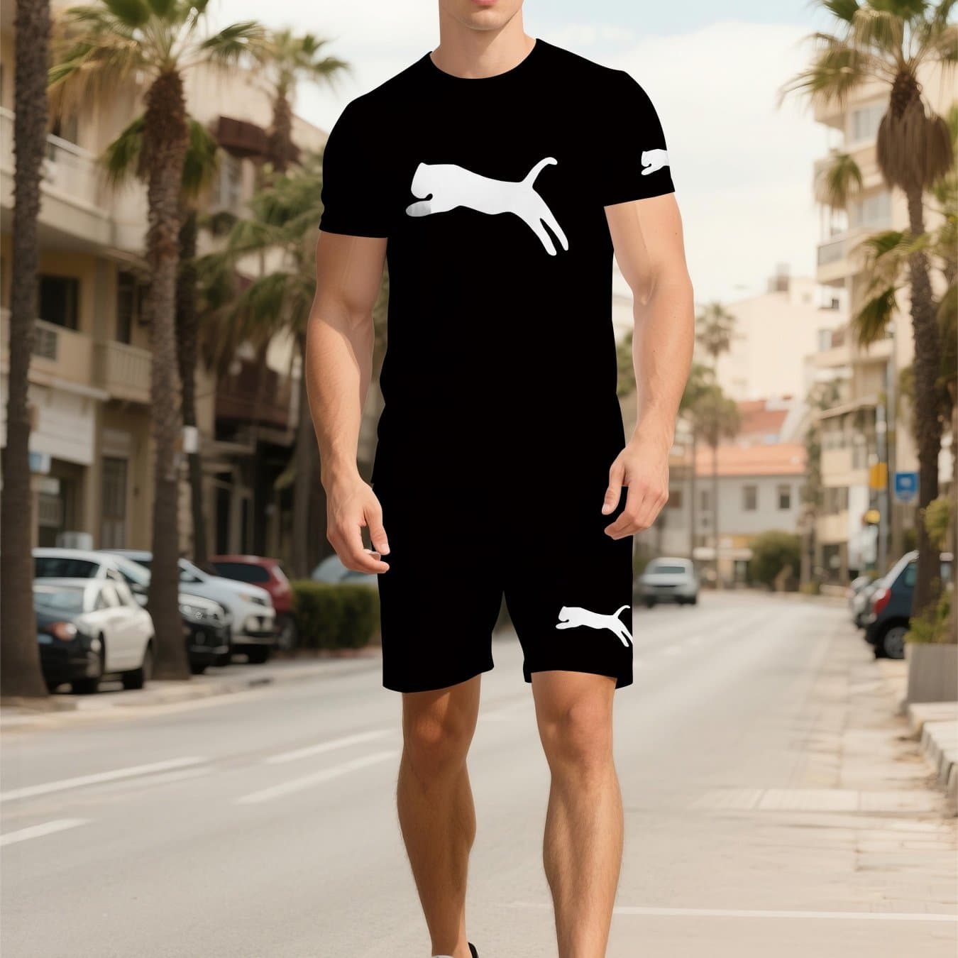 TEMU Men Short Sleeve Tshirt And Shorts Set Summer Activewear Set Comfortable Fabric Outdoor Clothing Fashion Cool 2pcs Set Digital Printing Design Outdoor Set