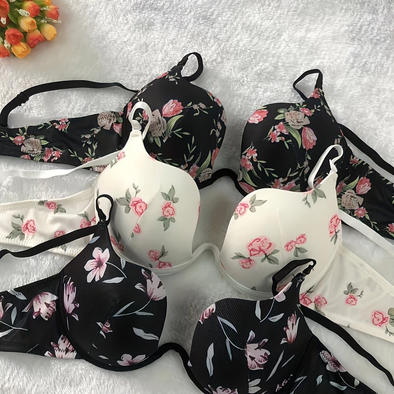 TEMU 3pcs Bras, Polyester And Elastane Blend, Knit Fabric, Scoop, Floral Pattern, With Non-removable Padding, Underwire For Adults