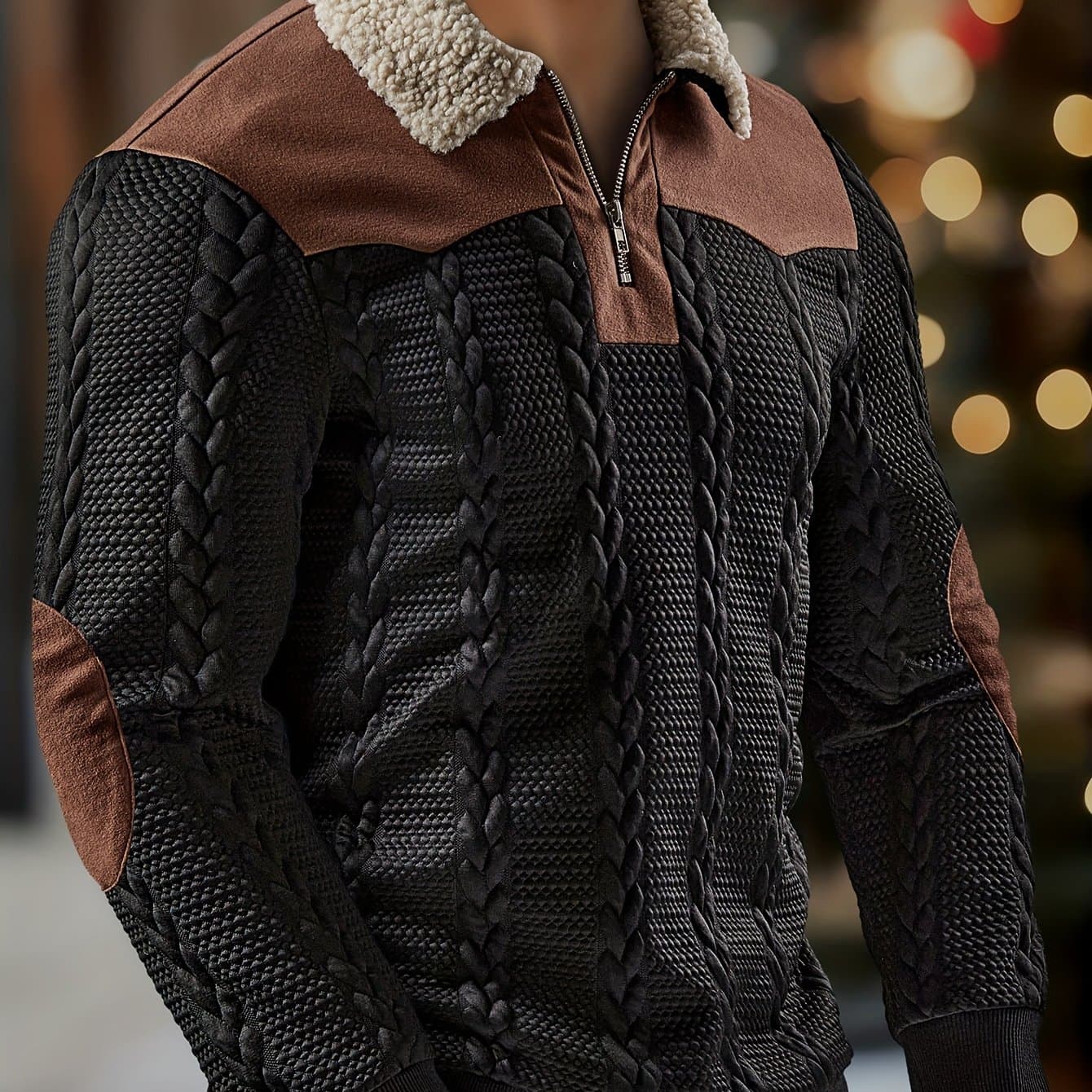 TEMU Men's Fashion Casual Sportswear, Autumn Winter Outdoor Textured Jacquard Fabric, Contrast Stitching Zipper Collar Design Long Sleeve Men's Sweater