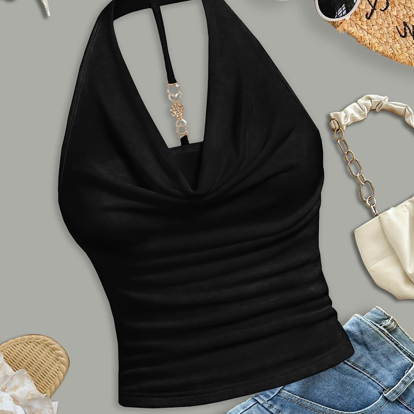TEMU White Halter Neck Strapless Tank Top, Women' Color Sexy Sleeveless Outerwear Top