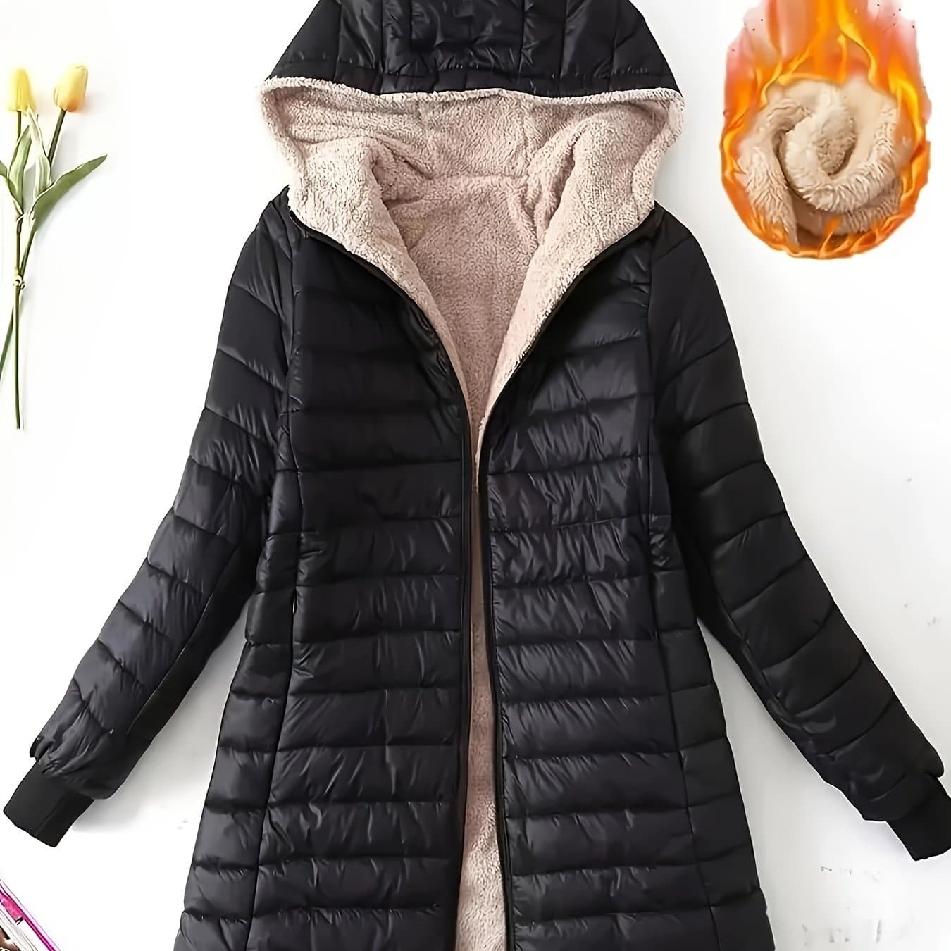 TEMU Siamese Cat Themed Autumn/winter New Arrival Mid-length Hooded Slim-fit Fleece-lined Padded Coat, Women's Lined Warm Outerwear