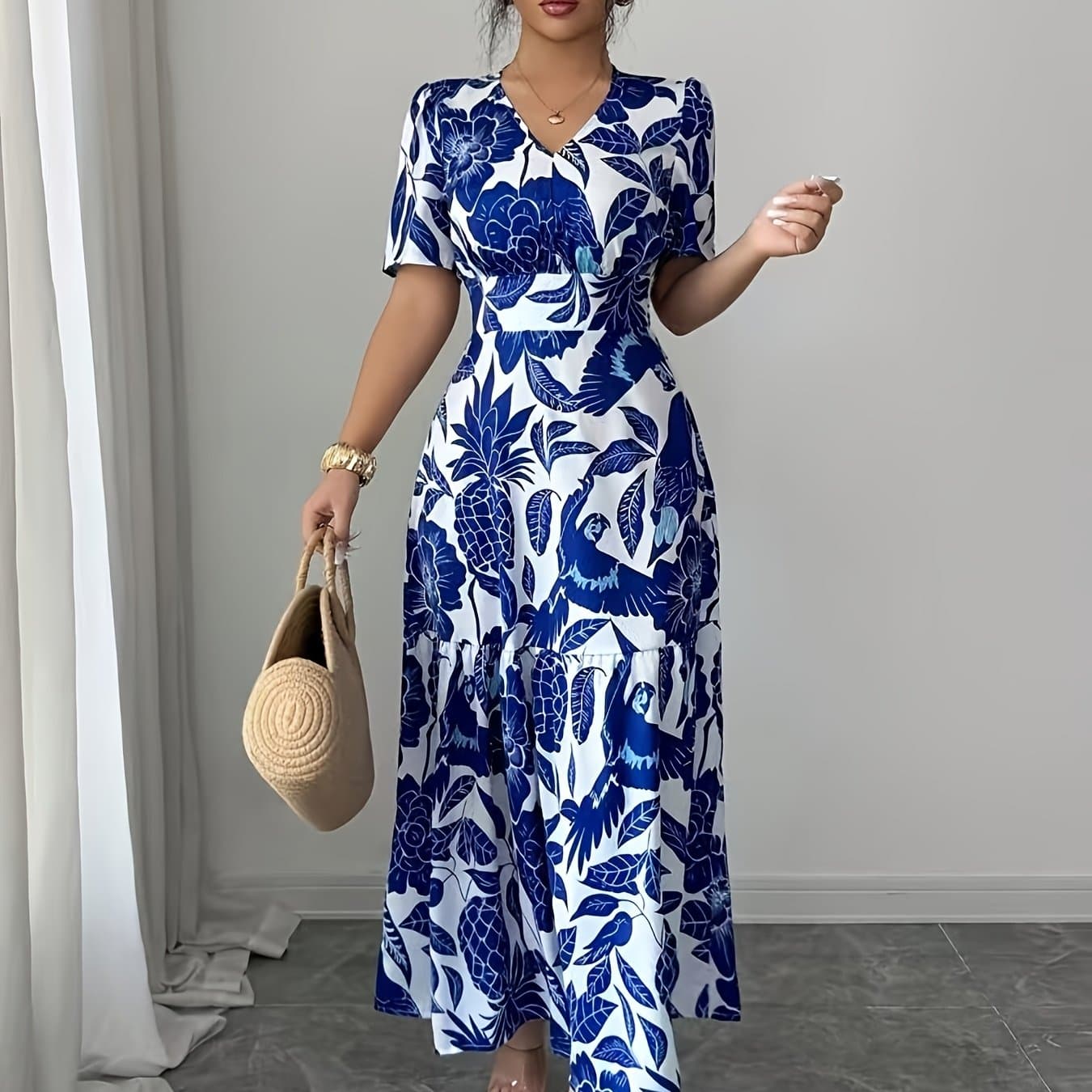 TEMU Blue Printed V-neck A-line Elegant Fashion Dress