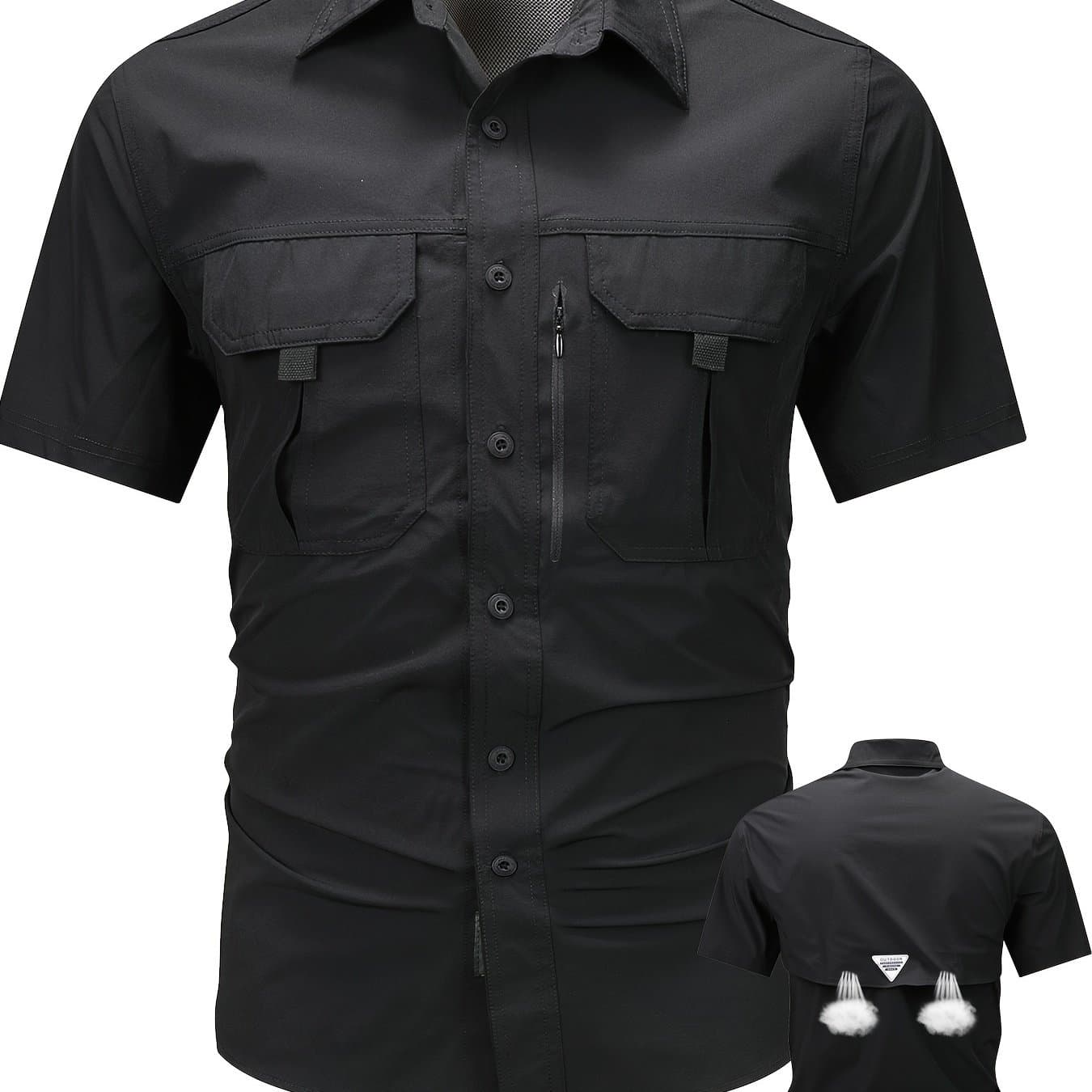 TEMU Men's Summer Fashion Solid Short Sleeve Button Up Lapel Cargo Shirt With Flap Pockets, Breathable And Stretchable Bamboo Rayon Rayon Tops For Outdoors Activities