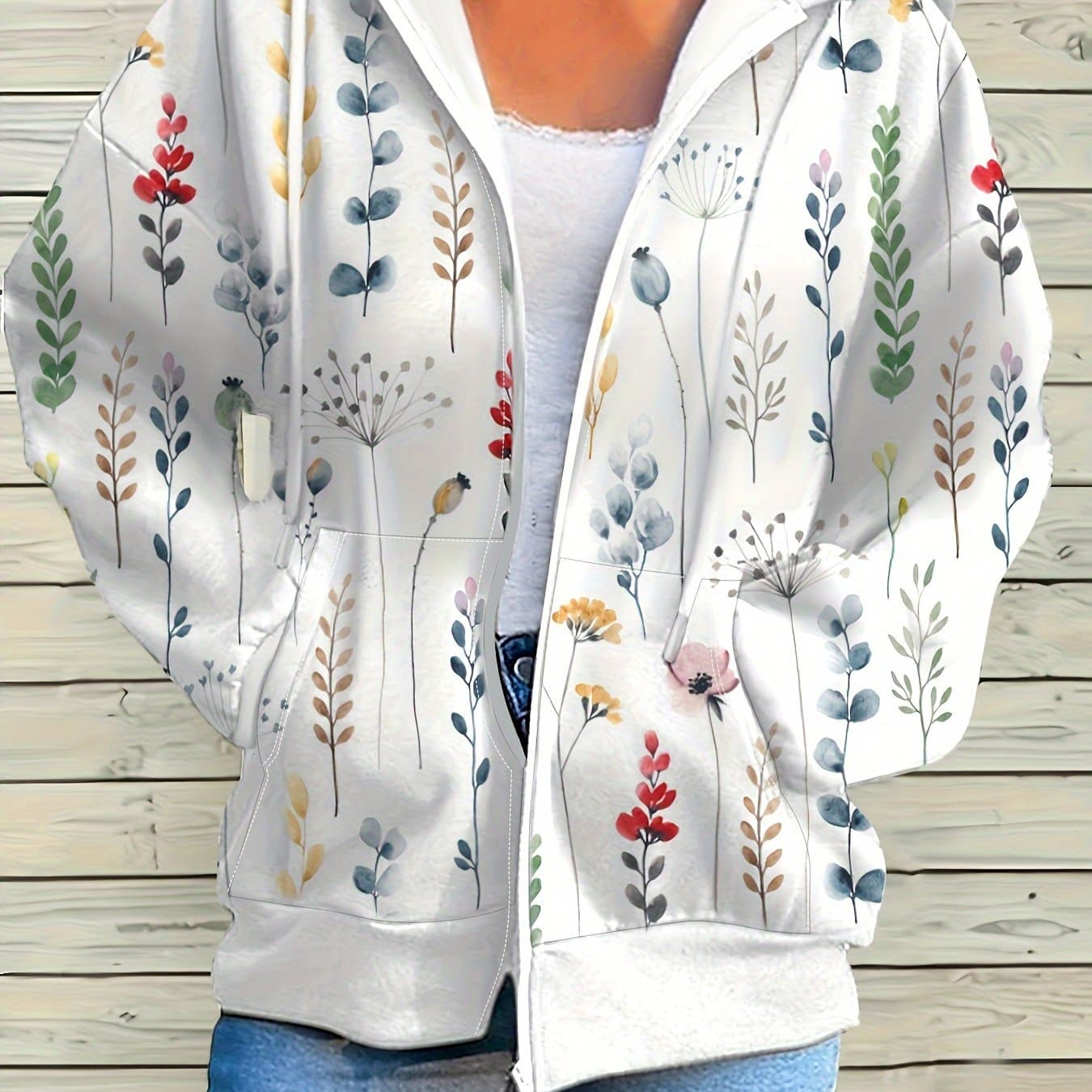 TEMU Floral Print Zip Up Hoodie, Casual Long Sleeve Loose Outwear With Pocket, Women's Clothing