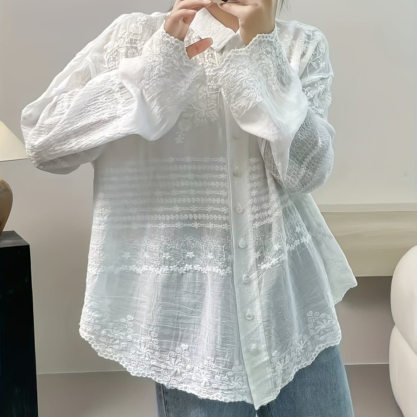 TEMU Bohemian Women's Embroidered Lightweight Long Sleeve Casual Outerwear Shirt Top