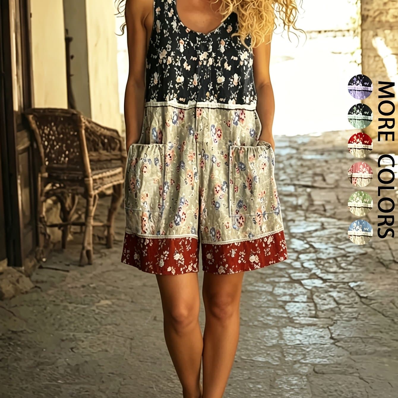 TEMU Women's Summer New French Retro Small Floral Printed Sleeveless Jumpsuit, Elegant One-piece Romper Perfect For Beach Vacation, Countryside Photoshoots, Daily Shopping And Dating