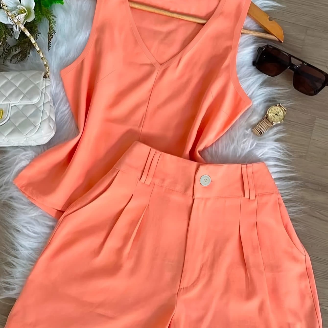TEMU Women's Spring/summer Fashion Casual Simple Commuter V-neck Vest And Shorts Set