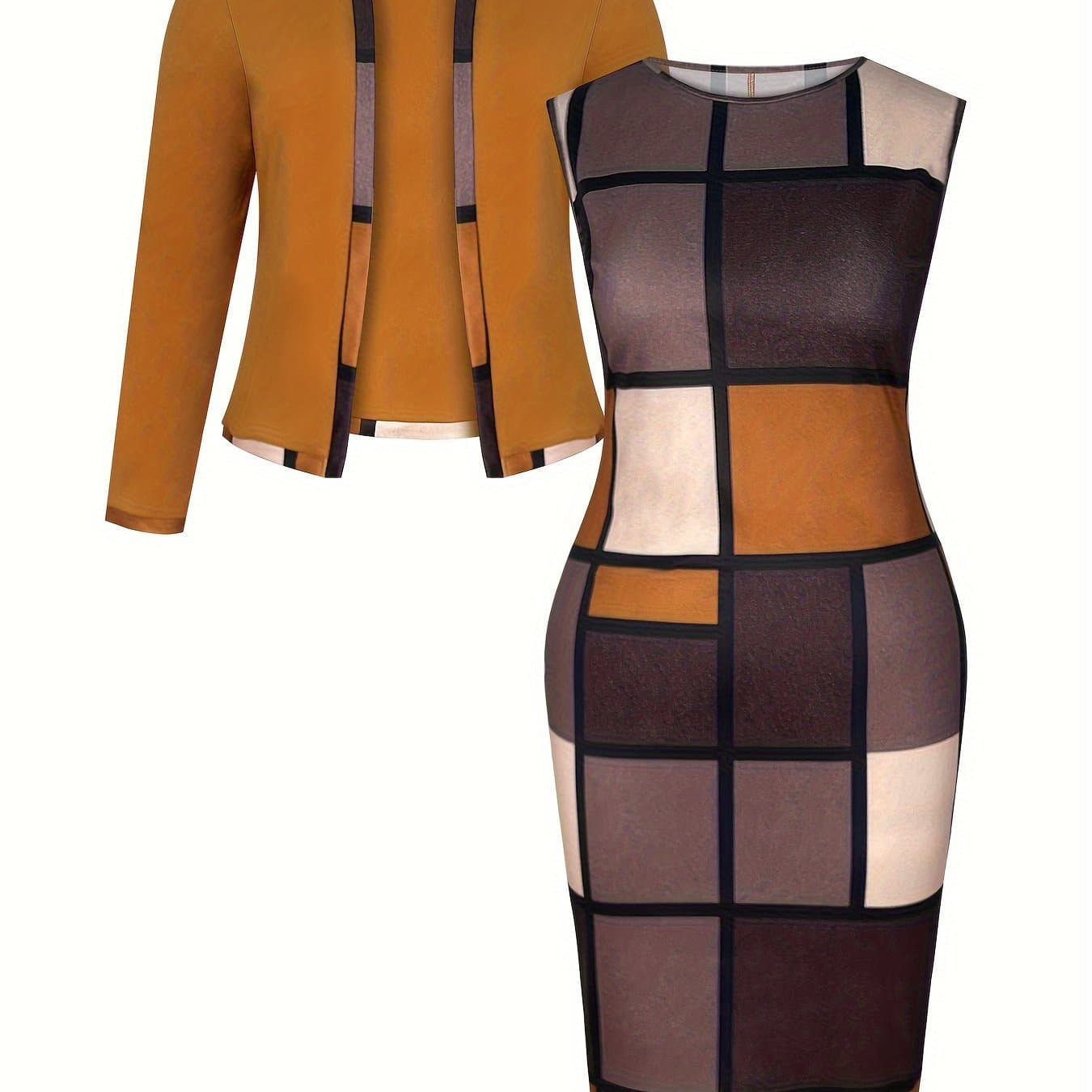 TEMU Plus Size - Plus Size - Plus Size Women's Suit Long Sleeve Top And Dress Two-piece Set