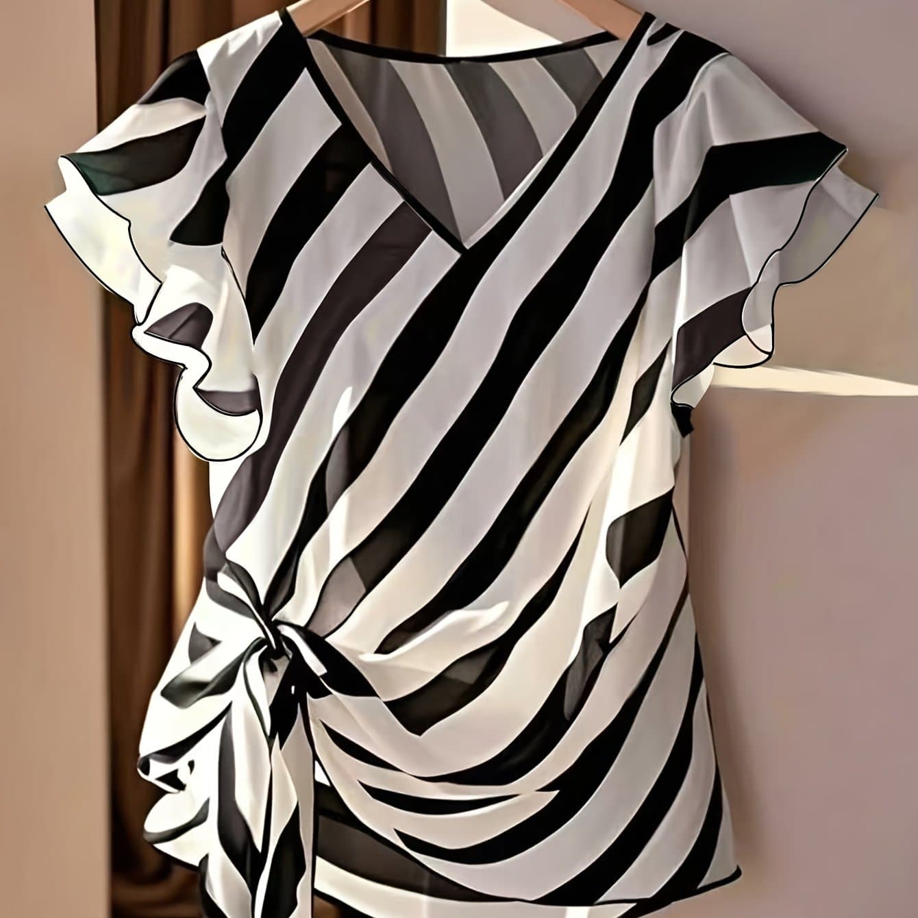 TEMU Casual Summer V-neck Striped Shirt | Tie-waist Design And Ruffle Sleeve Bow Detail Women's Blouse