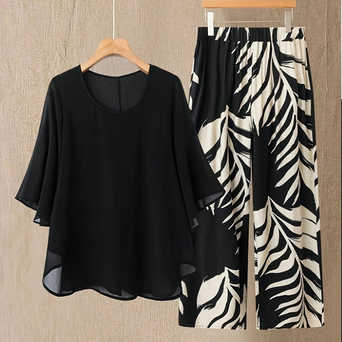 TEMU Plus Size - Plus Size - 2pcs Plus Size Women Set: Chiffon Batwing Sleeve Top And Plant Print Long Pants