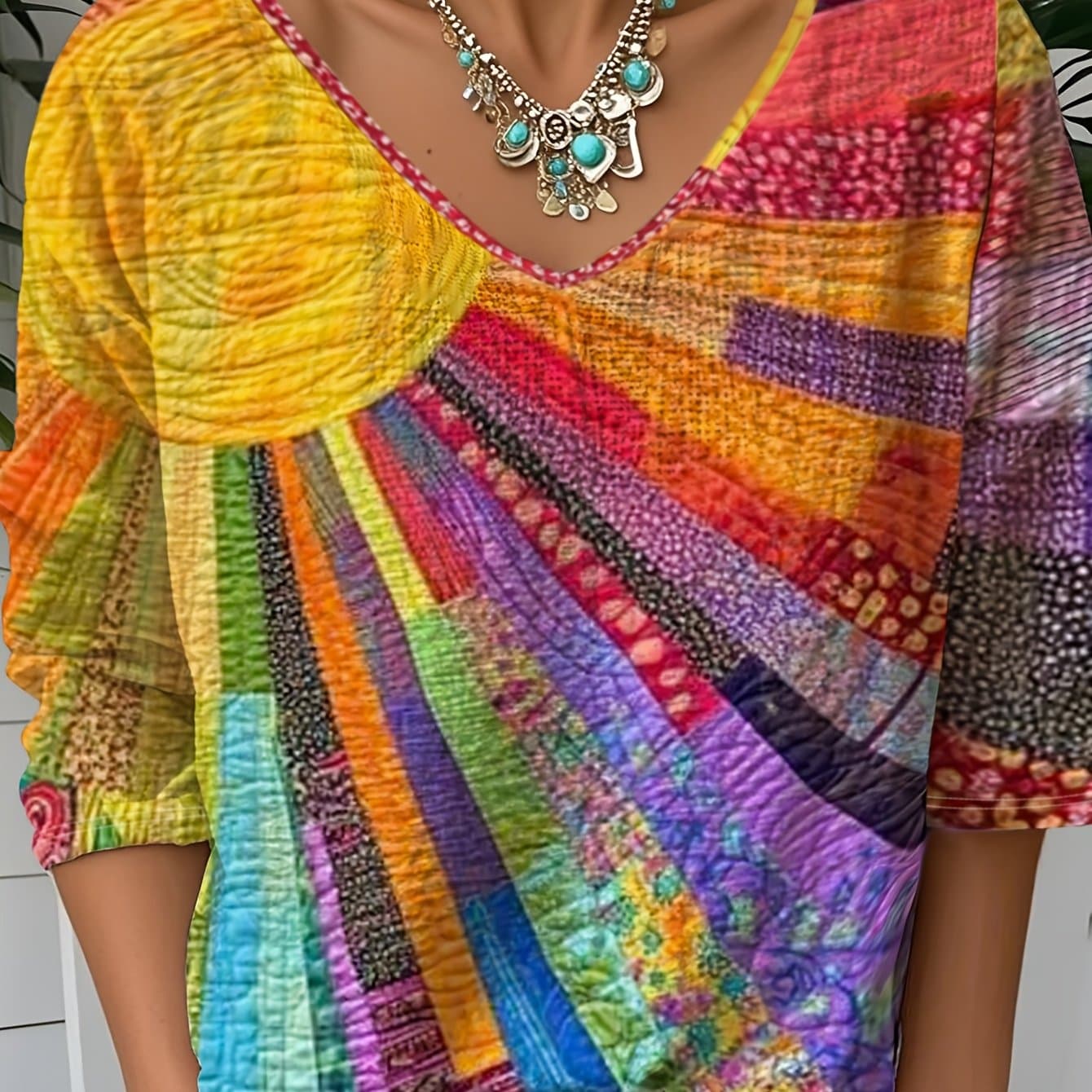TEMU Plus Size, Spring And Summer Colorful Full-body Print Daily Casual Outing Wear Mid-length Long-sleeved V-neck Size Women's Short-sleeved T-shirt Tops