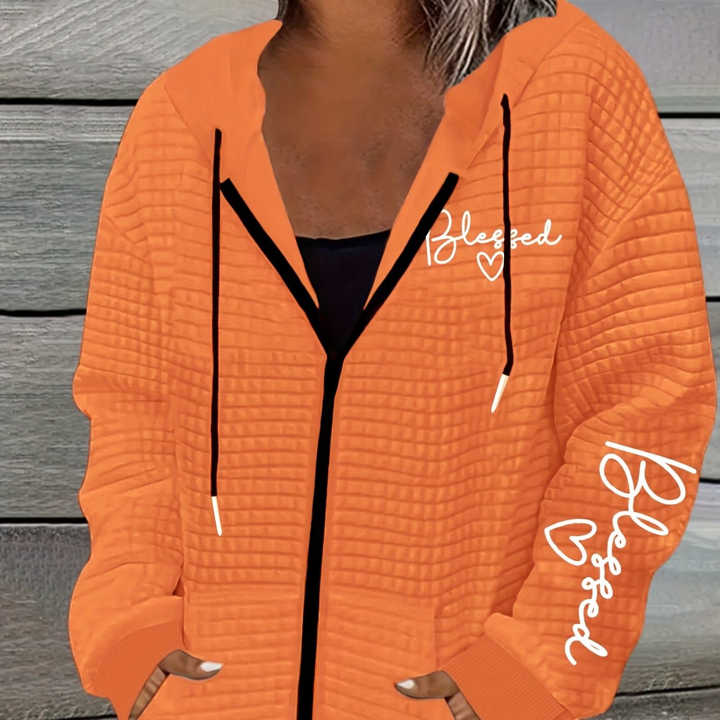 TEMU Fashion Letter Printing, Women's Casual Waffle Zipper Hooded Jacket With Drawstring - Fiber, Machine Washable, Geometric Pattern