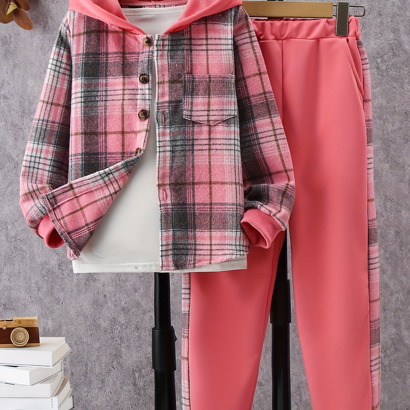 TEMU ' 2pcs Outfits, Plaid Hooded Shirt & Jogger Pants With Pocket, Comfy Sets Kids Clothes For Fall Sports