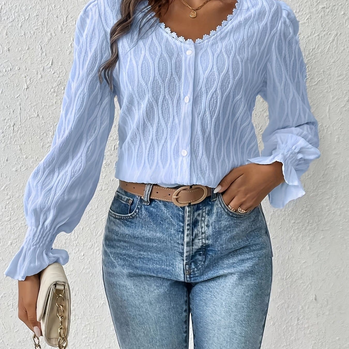 TEMU Elegant V-neck Guipure Lace Trim Flounce Sleeve Button Long Sleeves Front Blouse Going Out Tops