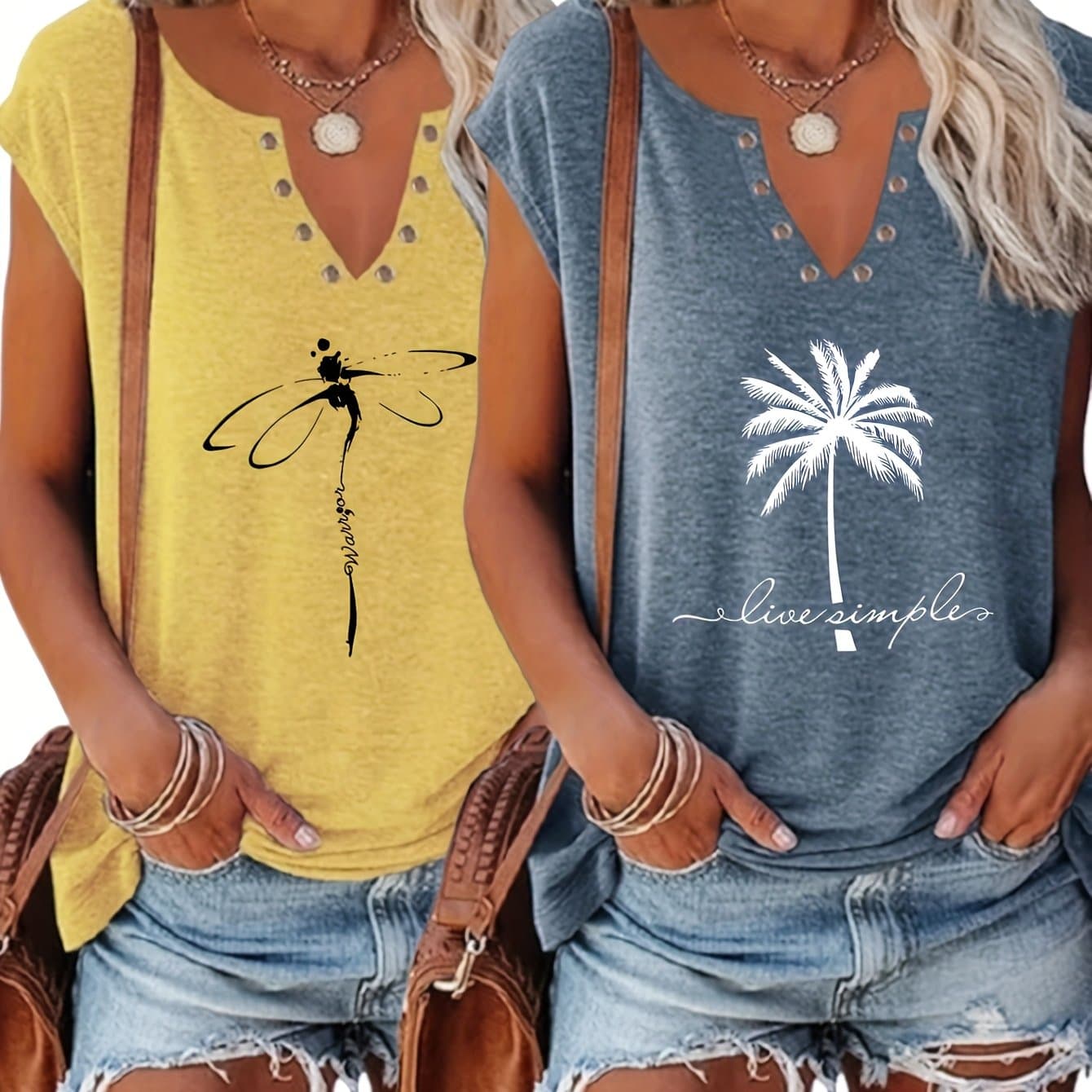 TEMU Two-piece Women's European And Printed Blouse Button- V-neck Sleeve Vest