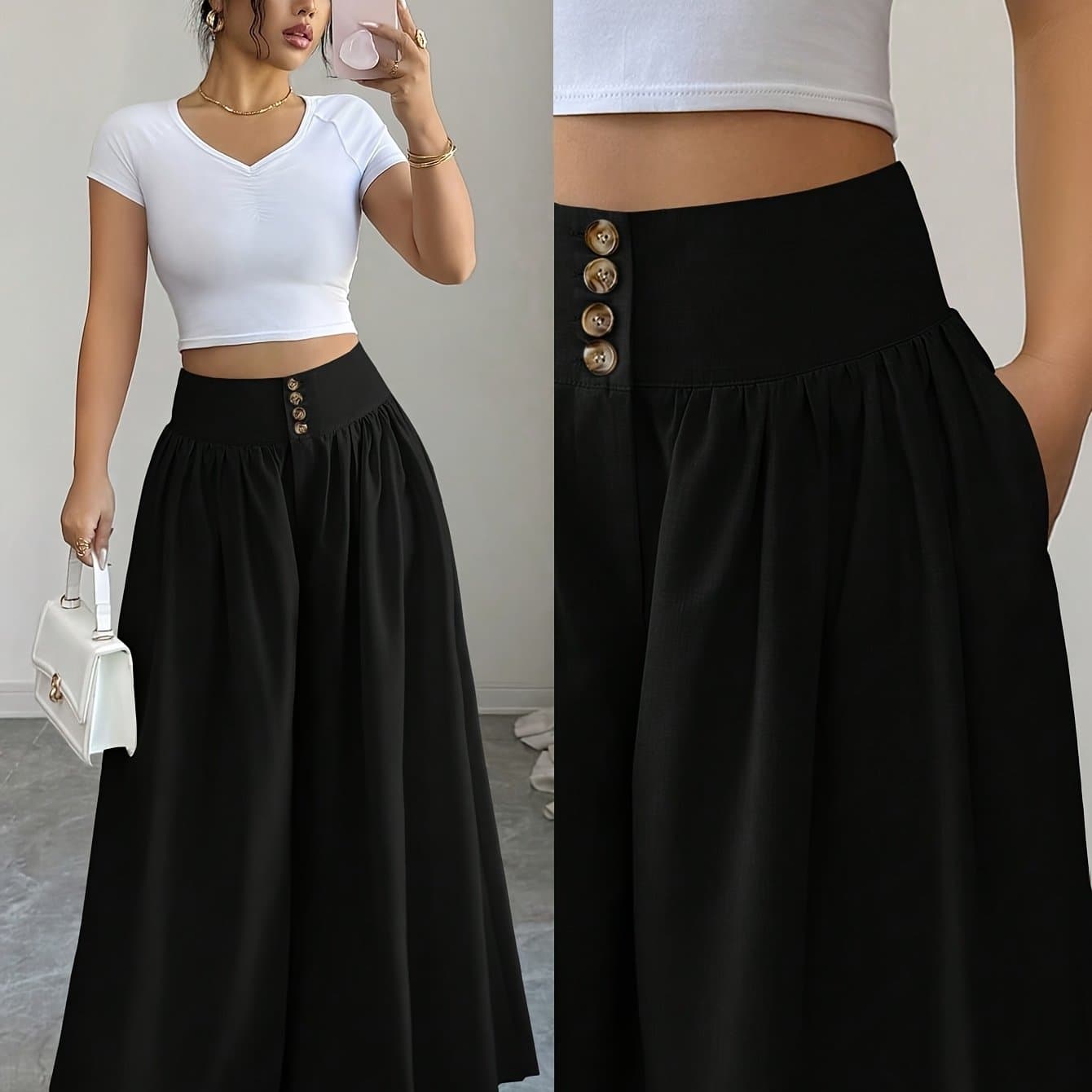 TEMU Women's Spring/summer Waist-cinching Long Wide-leg Pants With Pockets, Size 25