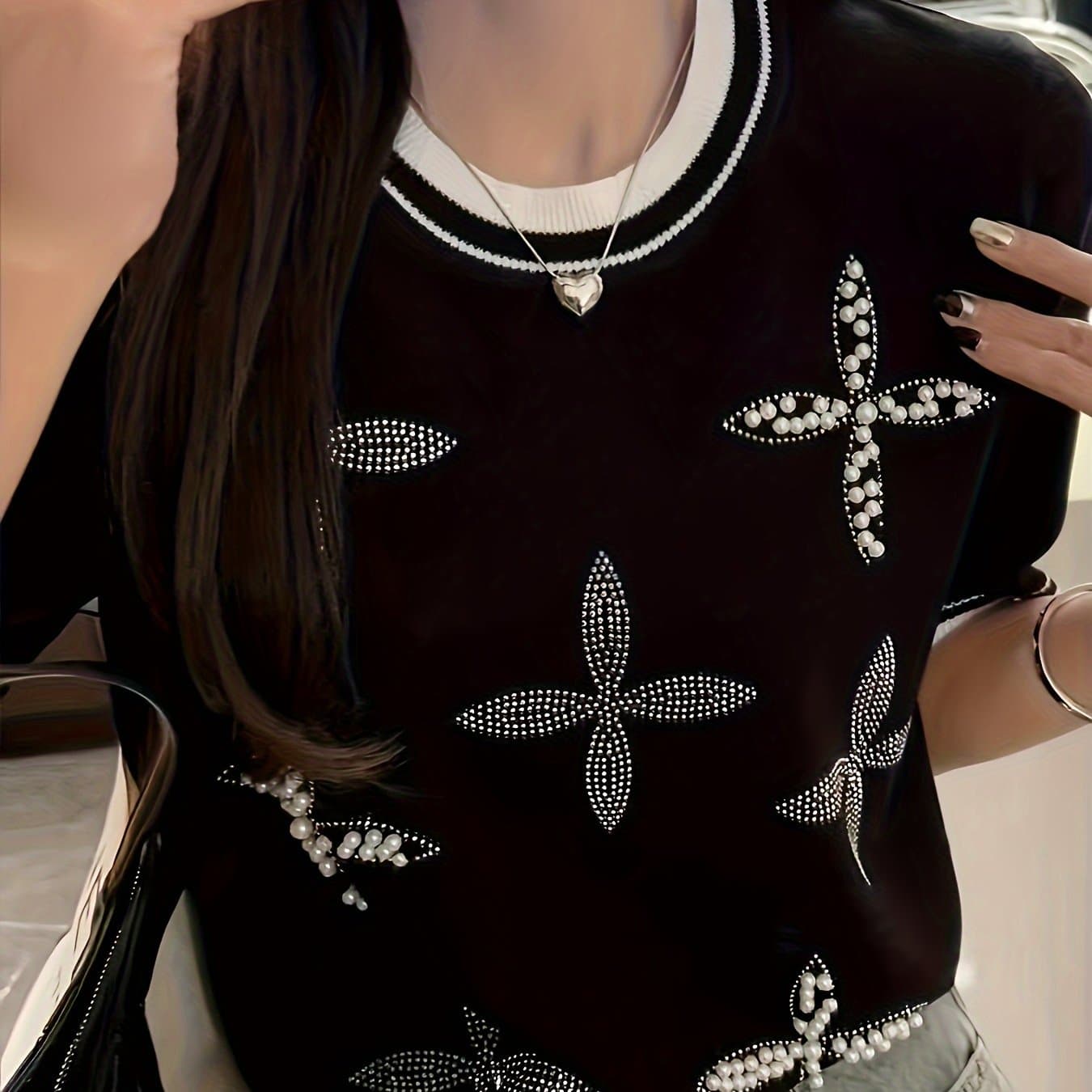 TEMU Women's Beaded Embellished Short Sleeve T-shirt - Semi-sheer Color-block Round Neck Top For Spring Summer Fall, Lightweight Breathable Layering Essential, Seasonal Fashion, Delicate Texture