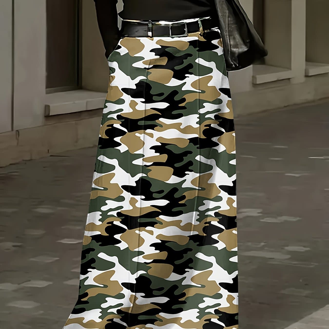 TEMU Women's Plus Size Elegant A-line Camo Print Midi Skirt - Camouflage Pattern, Non-stretch Polyester Fabric With Pockets & Zipper Closure, Versatile Style, Hand Wash Only, Cute Skirts, Casual Wear,