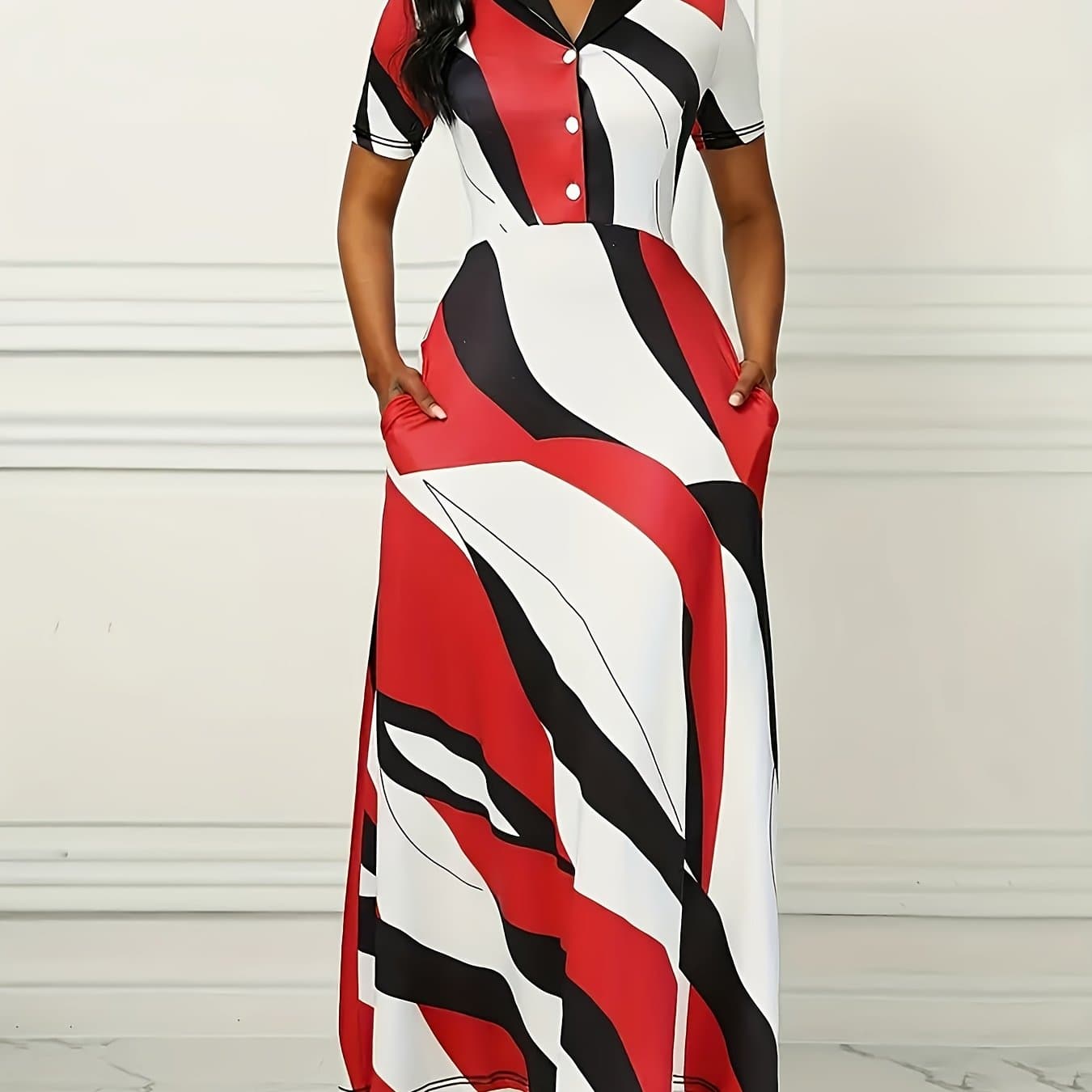 TEMU Color Block Button Front Lapel Dress, Elegant Short Sleeve Dress For , Women's Clothing
