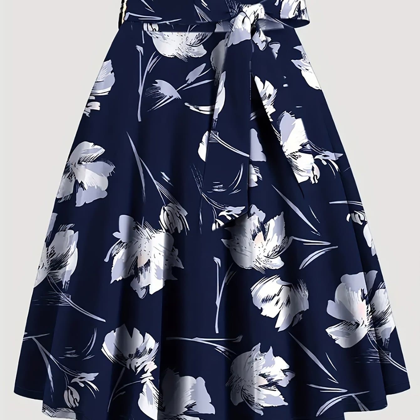 TEMU Elegant Special Floral Print High-waisted Skirt Dress With Tie Waist - Short Spring Summer Dress, Machine Washable, Wedding Guest, Party & Semi-formal Attire