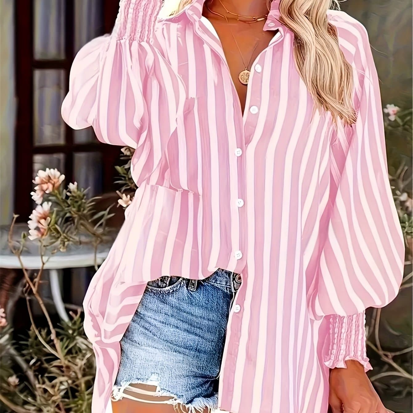 TEMU Women's Fashion Striped Loose Lantern Sleeve Shirt