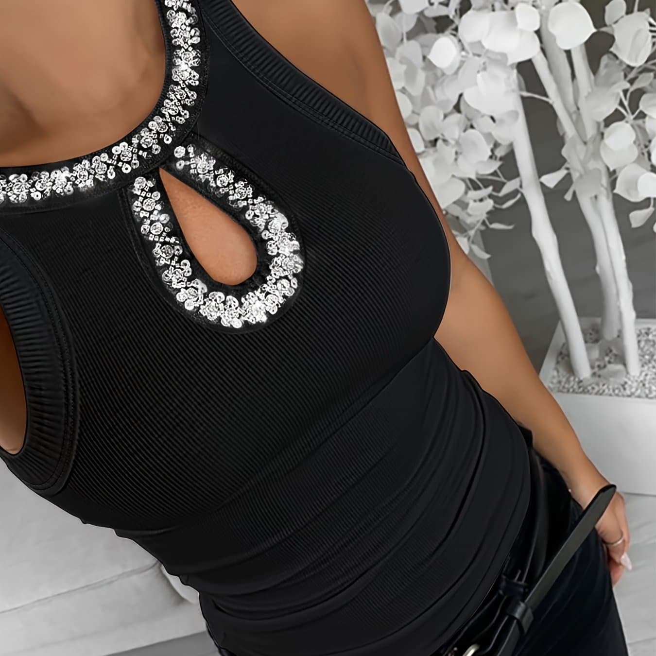 TEMU Chicme ' High- Sleeveless Round-neck Blouse - Pearl, Casual Elegant - Top, Solid Color Stretchable Shirt, Machine Washable (branded "chicme ''')